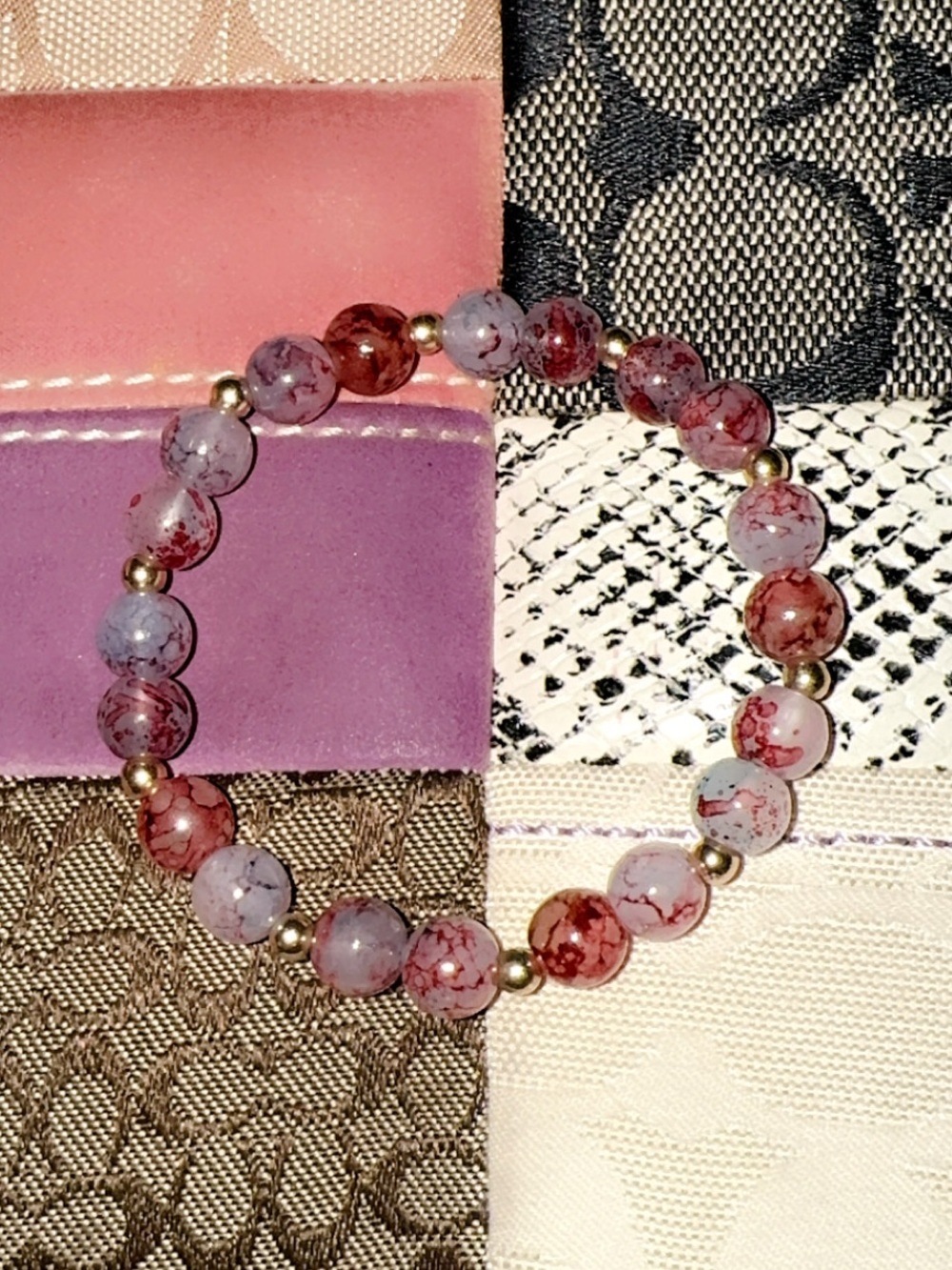 Handmade Red Marble Bead Stretch Bracelet with Gold Accent Beads♥️🩶